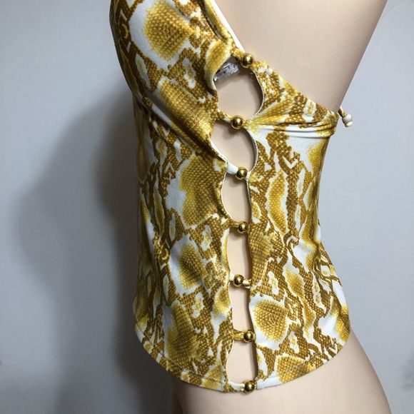 NWT Bongo Swimsuit Halter Top SnakeReptile Animal Print Gold Yellow White SZ S - Picture 3 of 16